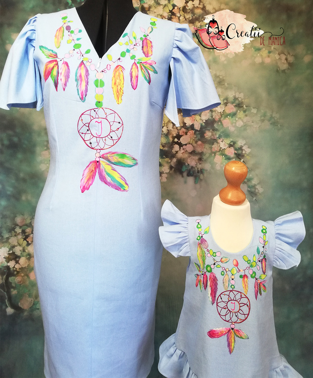 Involved cream Preconception Set rochii mama-fiica pictat manual cu dreamcatcher - Creatii de mamica